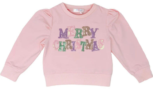 LuLu BeBe Girls Merry Christmas Pastel Sequins Puff Sleeve Top - Pink