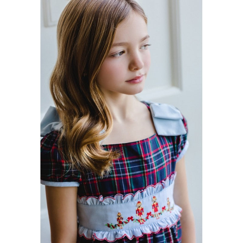 Sal & Pimenta Girls Dress - Holiday Plaid Nutcracker Bears - Bows on Shoulders