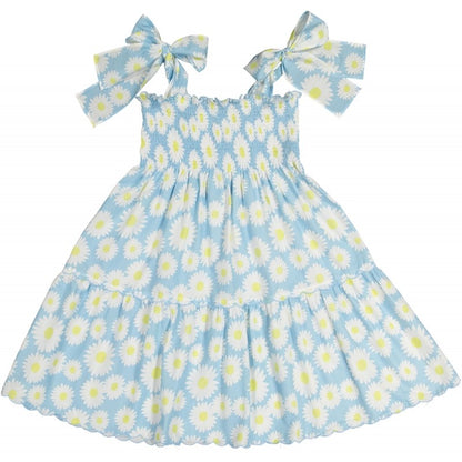 Sal & Pimenta Girls Dress - Blue Daisy Print - Smocked with Ties at Shoulders