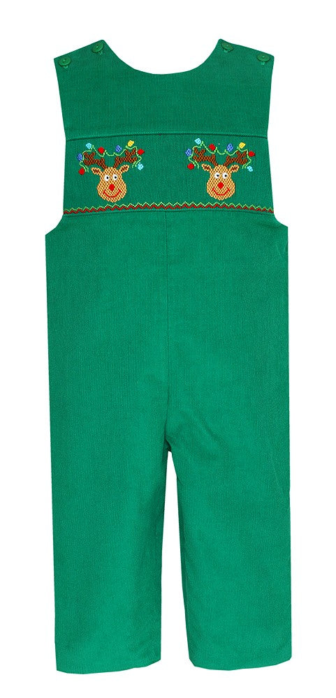 Anavini Baby / Toddler Boys Kelly Green Corduroy Smocked Christmas Reindeer Longall