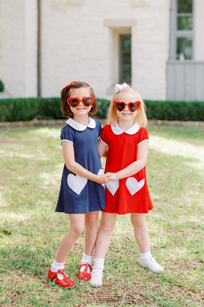 Proper Peony Pima Girls A-Line Dress - Red with White Valentine Heart Pockets