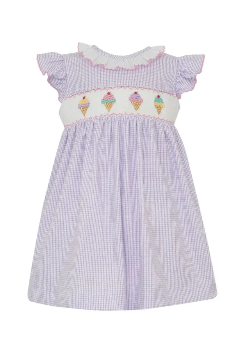 Petit Bebe Knits Girls Lilac Gingham Knit Sleeveless Dress with Ice Cream Cones - White Ruffle Collar by Petit Bebe