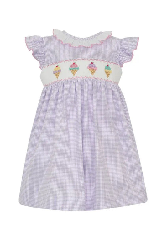 Petit Bebe Knits Girls Lilac Gingham Knit Sleeveless Dress with Ice Cream Cones - White Ruffle Collar by Petit Bebe