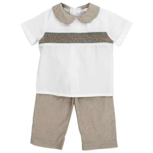 Bailey Boys Pant Set - Khaki Microcheck with Blue Geometry Pattern