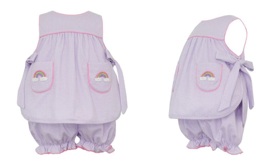Petit Bebe Knits Girls Lilac Knit Gingham Bloomer Set with Side Bows & Rainbow on Pockets by Petit Bebe