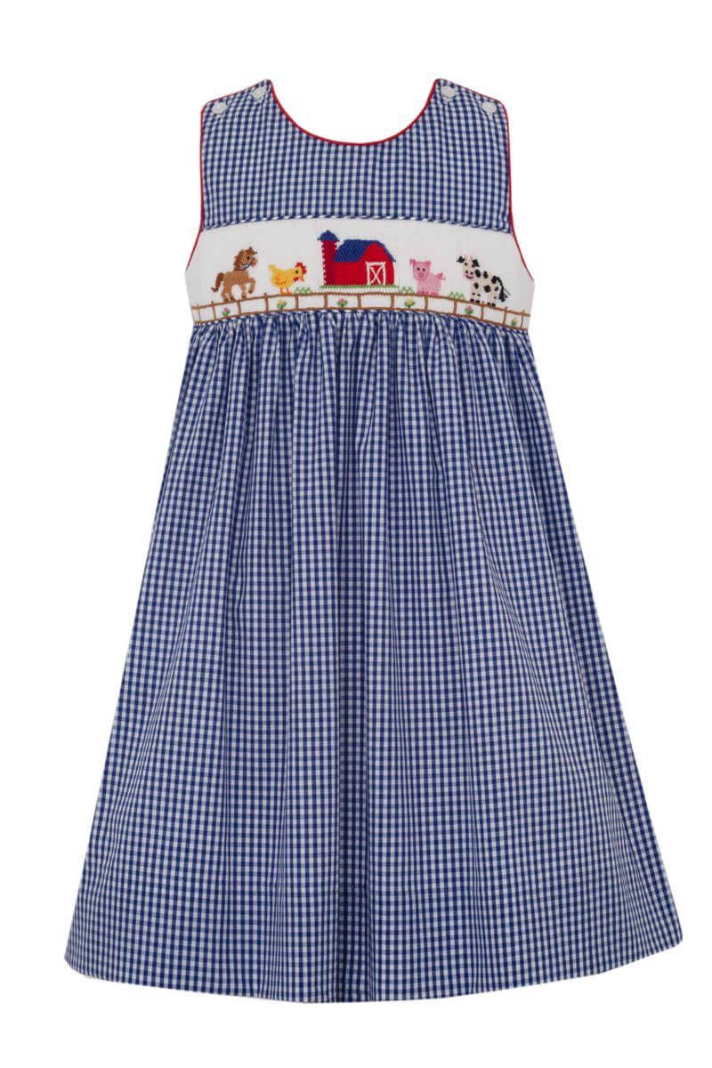 Anavini Girls Navy Blue Gingham Farm Sleeveless Dress