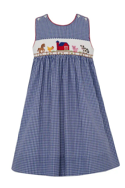 Anavini Girls Navy Blue Gingham Smocked Farm Sleeveless Dress