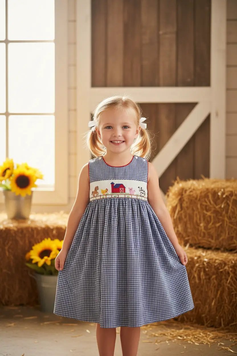 Anavini Girls Navy Blue Gingham Smocked Farm Sleeveless Dress by Anavini