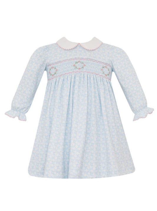 Petit Bebe Knits Girls Blue Smocked Long Sleeve Dress with White Collar by Petit Bebe