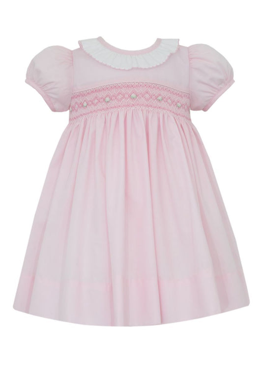 Petit Bebe Girls Pink Poplin Dress with White Ruffle Collar by Petit Bebe