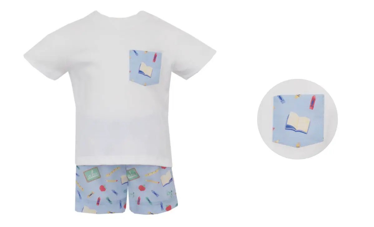 Petit Bebe Boys Back to School Print Short Set with White Knit Tee Shirt