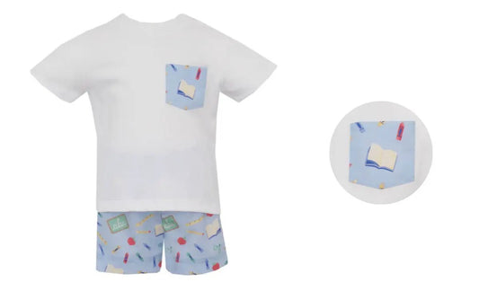 Petit Bebe Boys Back to School Print Short Set with White Knit Tee Shirt