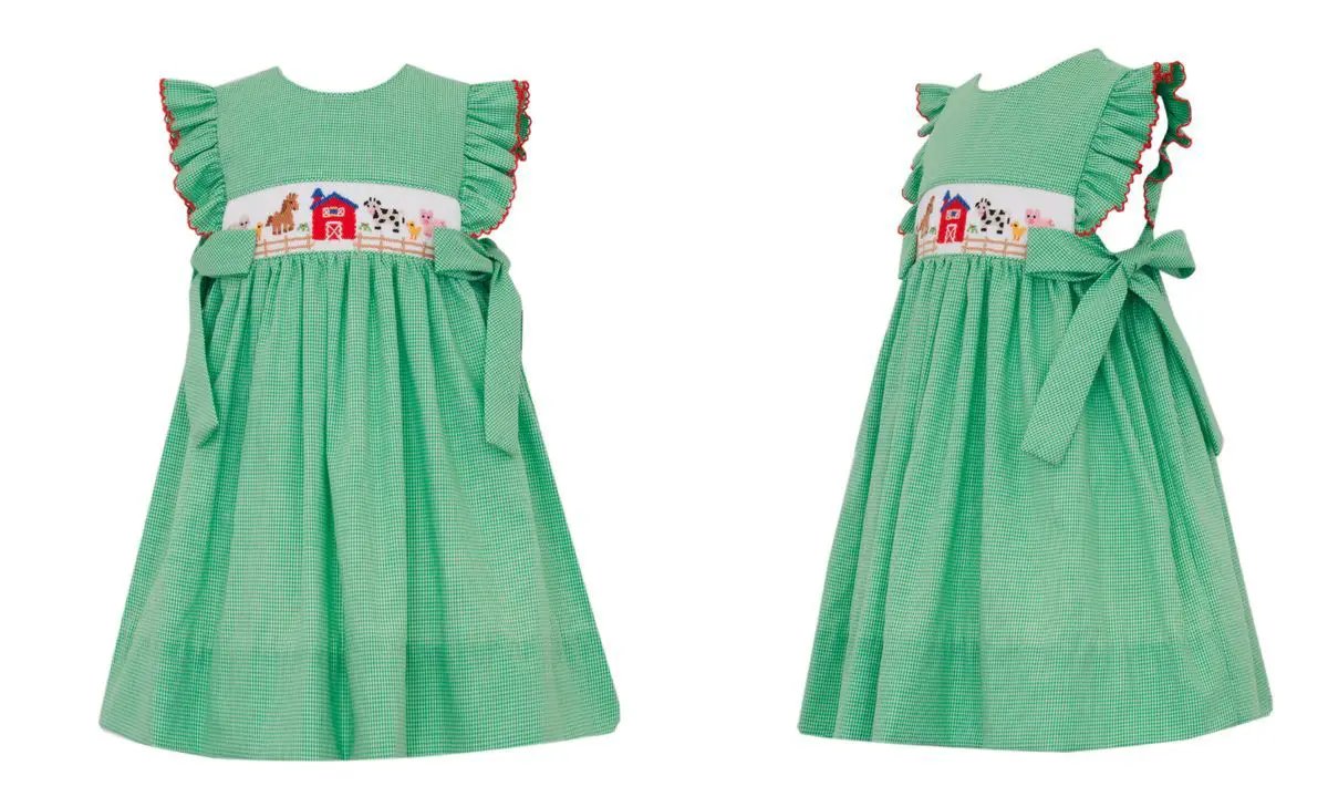 Petit Bebe Girls Green Gingham Farm Sleeveless Dress with Side Bows
