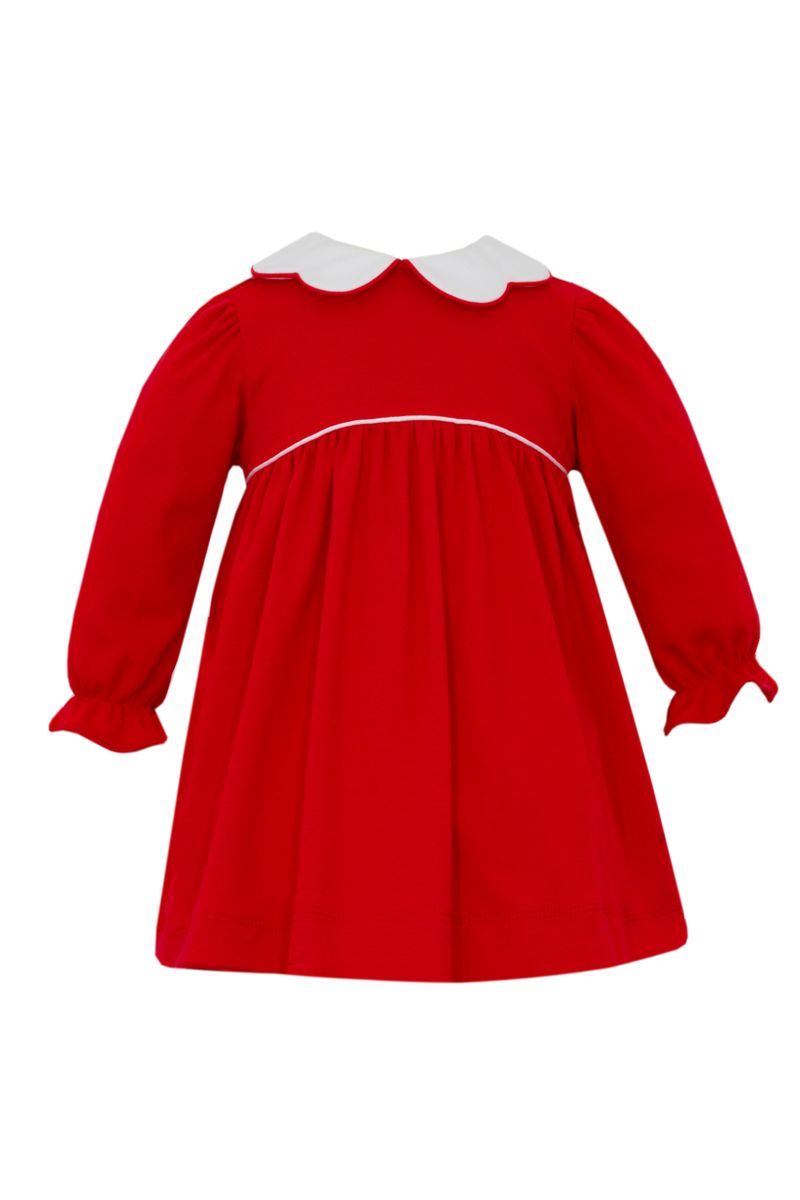 Petit Bebe Knits Girls Red Holiday Knit Long Sleeve Dress with White Scalloped Collar by Petit Bebe