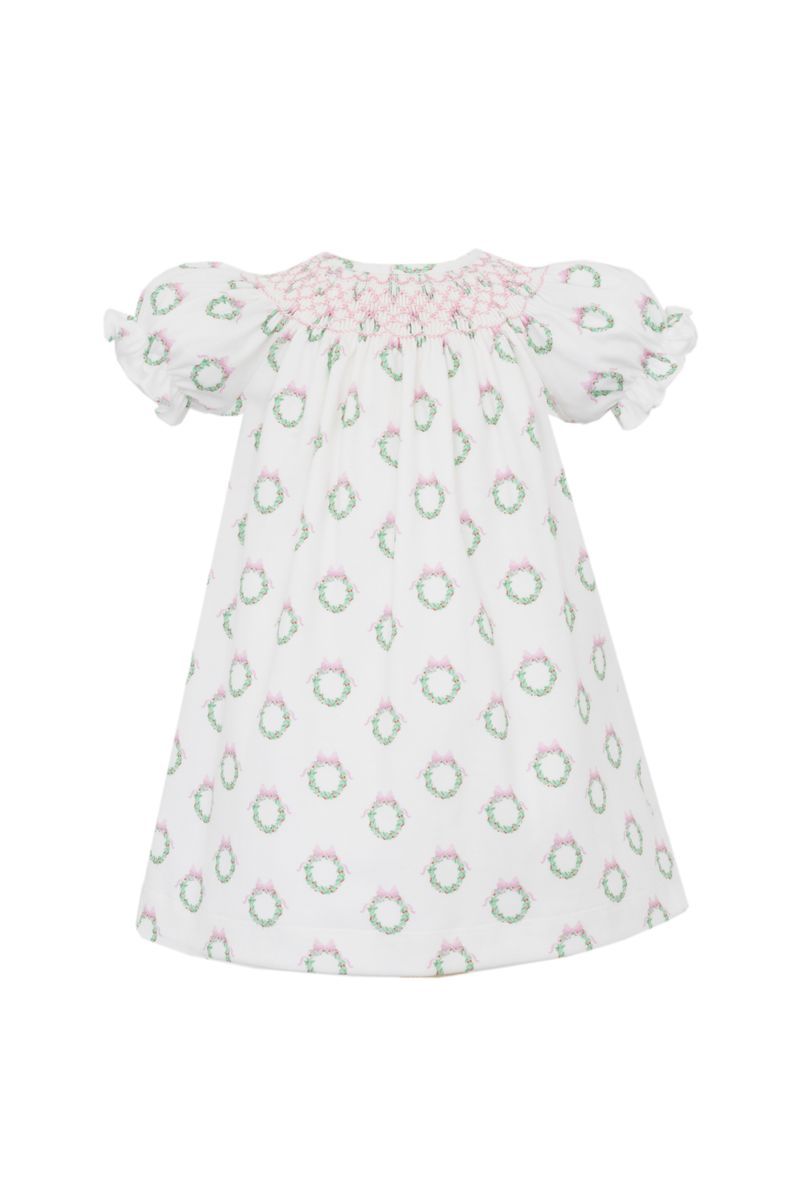 Petit Bebe Knits Girls Smocked Holiday Wreath Print Bishop Dress