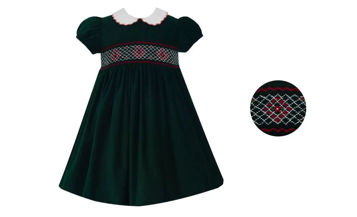Anavini Girls Green Corduroy Smocked Christmas Float Dress
